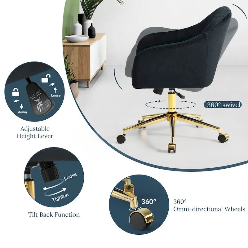 Velvet Tufted Adjustable Height Swivel Office Vanity Chair with Gold Base