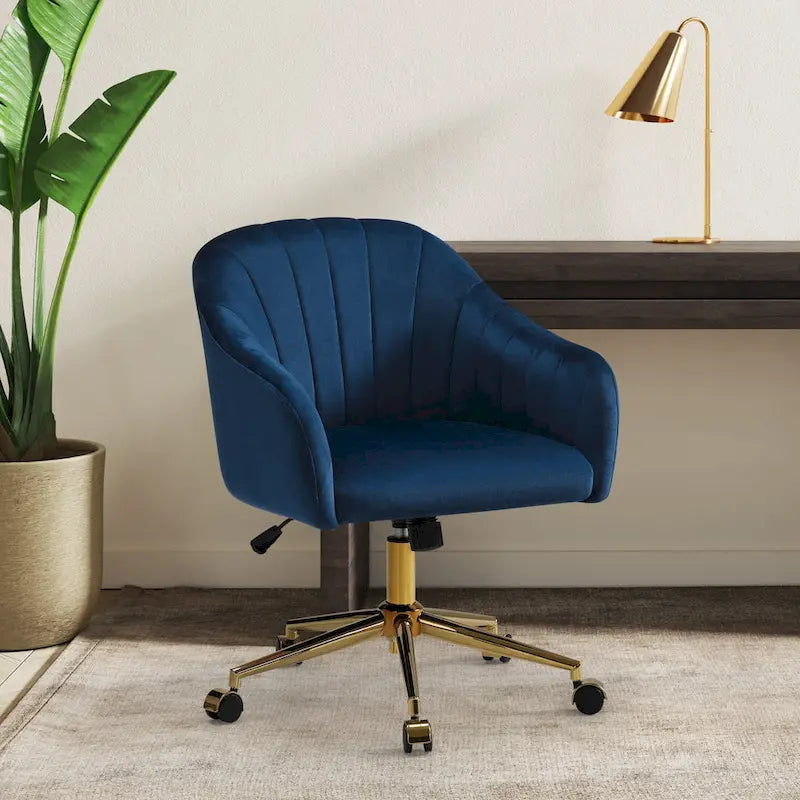 Velvet Tufted Adjustable Height Swivel Office Vanity Chair with Gold Base