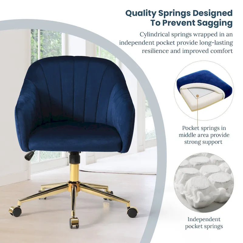 Velvet Tufted Adjustable Height Swivel Office Vanity Chair with Gold Base