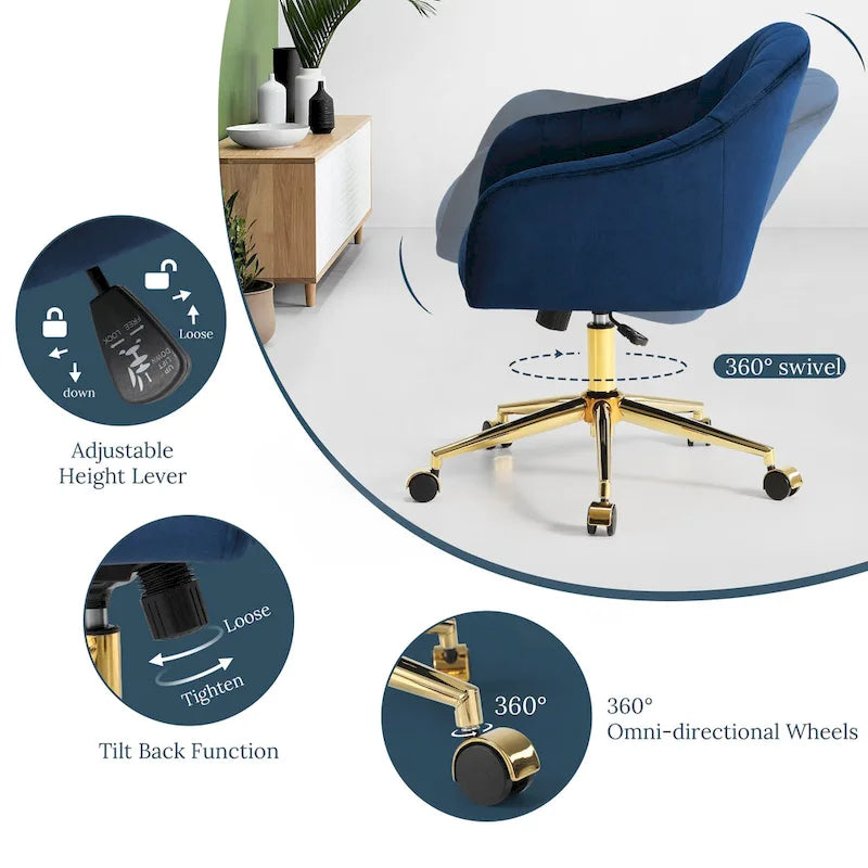 Velvet Tufted Adjustable Height Swivel Office Vanity Chair with Gold Base