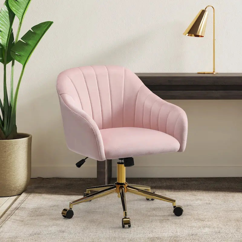 Velvet Tufted Adjustable Height Swivel Office Vanity Chair with Gold Base