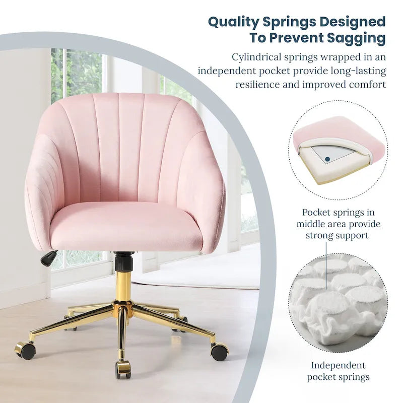 Velvet Tufted Adjustable Height Swivel Office Vanity Chair with Gold Base