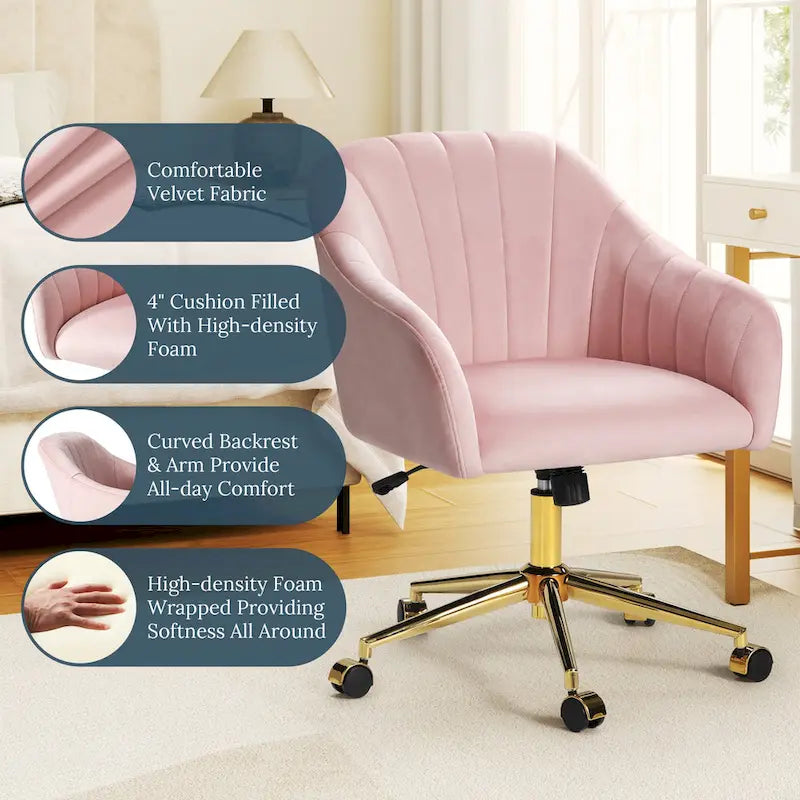 Velvet Tufted Adjustable Height Swivel Office Vanity Chair with Gold Base