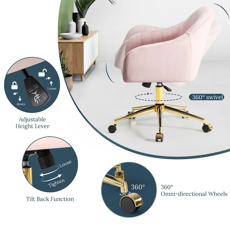 Velvet Tufted Adjustable Height Swivel Office Vanity Chair with Gold Base